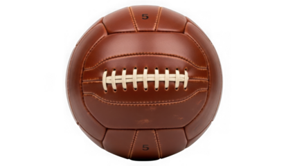 Brown leather football with white stitching