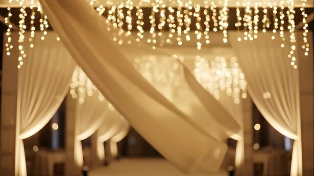 Luxurious sheer fabric draping elegantly, illuminated by warm golden string lights, defining the romantic entryway of an indoor event space.