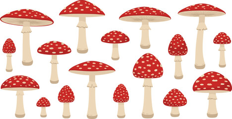 Flat vector illustration set of red amanita muscaria mushrooms with white spots in various sizes and shapes isolated on white background.