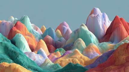 A vibrant, 3D rendered landscape featuring a collection of colorful, textured peaks, resembling stylized mountains against a blue background