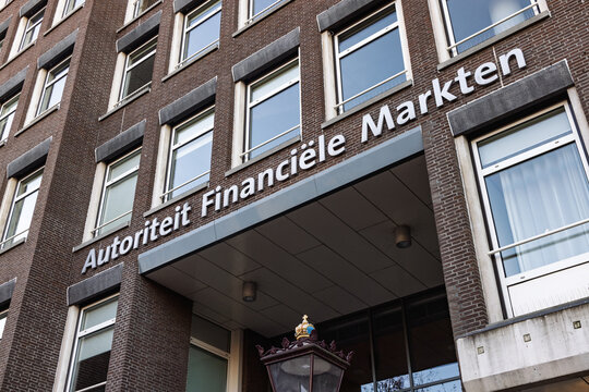 Facade of the Autoriteit Financiele Markten or AFM building. Close up of the Dutch Authority for the Financial Markets logo signage. Amsterdam Netherlands, 28 december 2025