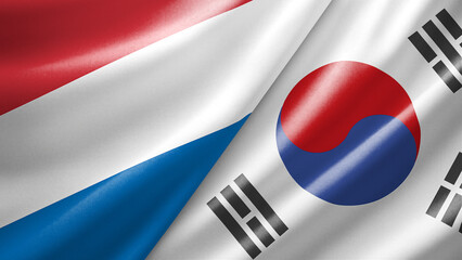 Fototapeta premium Netherlands and South Korea two national flags filling the entire frame, close-up view, edge-to-edge composition