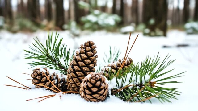 Winter Still Life - Pine Cones and Evergreen Branches in Snow.
