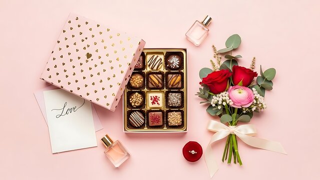 Elegant gift box with chocolates and flowers