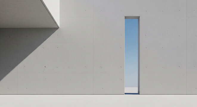 Light gray concrete wall with rectangular opening showcasing blue sky, minimalist architectural design, symbolizing simplicity, openness, and modern aesthetic, ideal for backgrounds