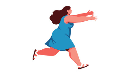A vibrant illustration depicts a woman with flowing hair joyfully running forward with outstretched arms showcasing body positivity