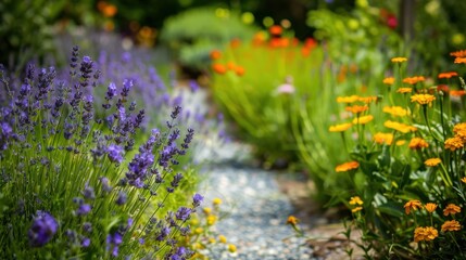A vibrant garden path lined with blooming lavender and orange marigolds. The scene is bright and colorful, showcasing a variety of flowers and greenery.