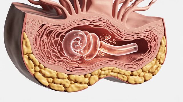 High-end 3D CGI Octane render of a human ear canal cross-section with cochlea and ossicles