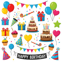 Vibrant collection of festive birthday celebration graphics, featuring multi-tiered cakes, colorful balloons, wrapped gifts, party hats, and decorative banners for joyful events
