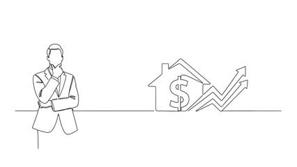 A continuous line drawing depicts a businessman pondering over real estate investment growth and financial success opportunities