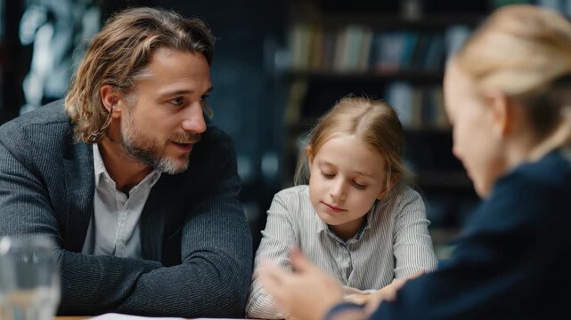 Meeting between a teacher, a family, and a student at a school discussing academic progress and future goals in a collaborative environment