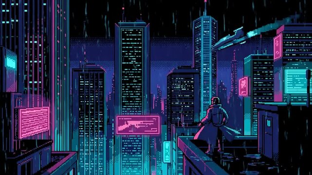 Woman on rainy cyberpunk rooftop overlooking neon-lit futuristic city. Night urban scene with towering buildings and vibrant lights in sci-fi atmosphere. Pixel retro style