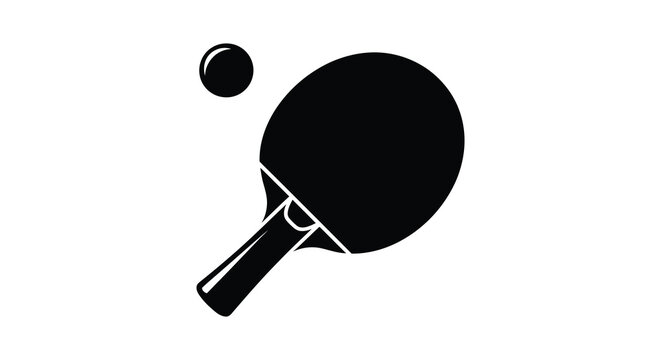 A minimalist black and white depiction of a table tennis paddle and ball in motion