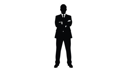 A striking silhouette of a man in a formal business suit stands confidently with arms crossed conveying power and authority
