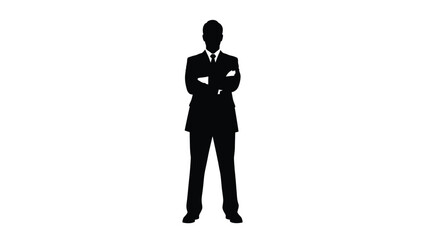 A stark silhouette of a man in a formal suit standing confidently with arms crossed against a plain white backdrop