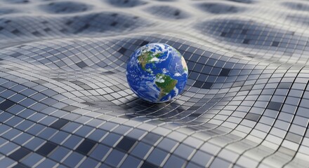 Earth distorted by gravity on a warped grid representing spacetime