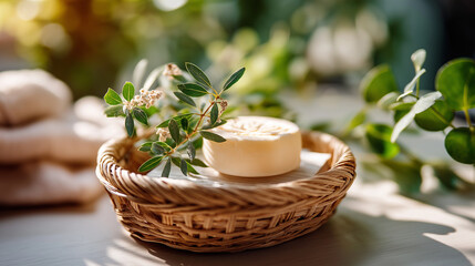 Organic white soap bar in textured wicker tray, gentle sunlight artistic shadows, tranquil scene, natural wellness, self-care routines, with copy space