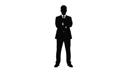 A stark silhouette of a man in a business suit arms crossed presenting a formal and confident posture against a white