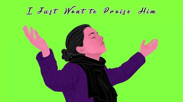 Woman praising with raised hands and inspirational christian message on green background
