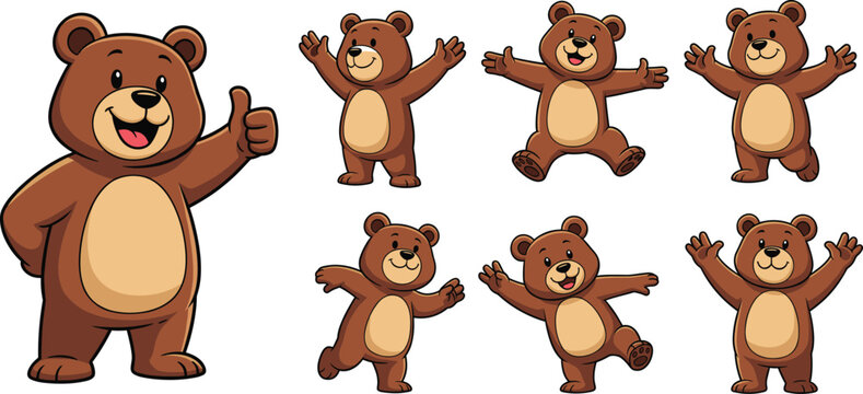 Cheerful teddy bear mascot character vector set with thumbs up waving jumping and various happy poses