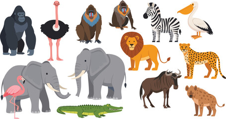 Wild African safari animal vector collection with elephant lion zebra gorilla giraffe crocodile and flamingo characters © Md