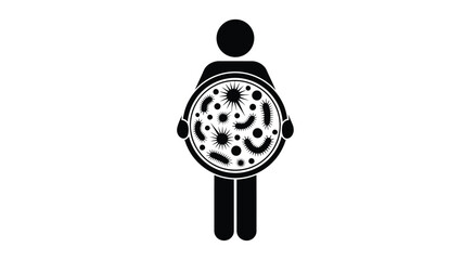 A simple black and white illustration depicting a person holding a circular graphic filled with various microbial shapes and forms