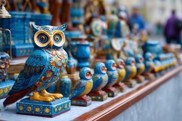 Colorful ceramic owl display at outdoor market stall