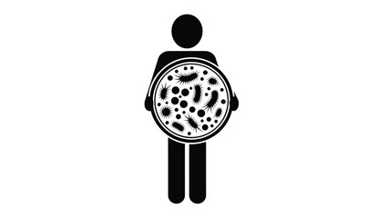 A simple black and white pictogram depicts a person holding a petri dish filled with various bacterial colonies illustrating microbiological research
