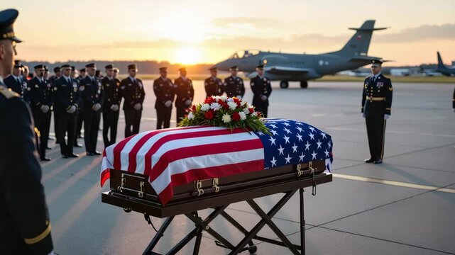 Flag-draped casket honored by military personnel on an airport tarmac at sunset, for a solemn military funeral concept and patriotic remembrance.