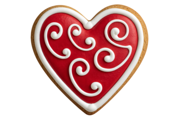 Heart-Shaped Cookie with White Icing Swirls in Vibrant Red Color on Golden Brown Background for Valentines Day Treat