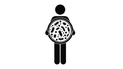 A simple black and white pictogram depicts a person holding a petri dish filled with bacterial colonies illustrating microbiological research