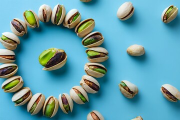 Circle of open pistachios on blue background displaying green kernels