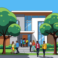 Vibrant community gathering at a stylish modern home, showcasing diverse individuals enjoying an outdoor social event on a sunny day