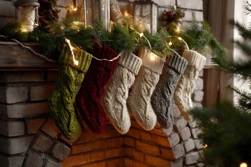 Cozy christmas fireplace with knitted stockings and festive garland