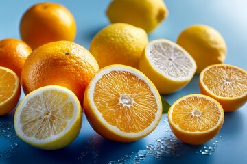 Fresh citrus arrangement with sliced oranges and lemons on blue background