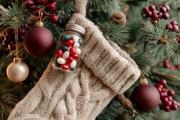 Festive christmas stocking with candy jars on pine tree branches
