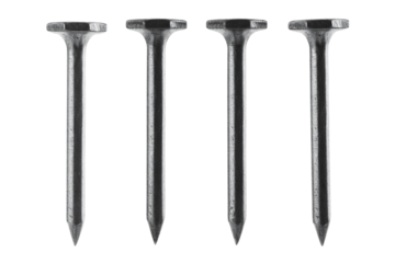 Four black metal nails in a row with sharp tips on white background for construction and DIY projects