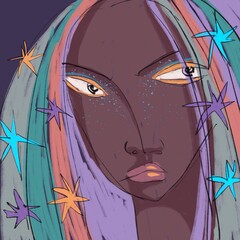 Black girl's face. Beautiful woman with multi-colored hair and stars. Fashion illustration.