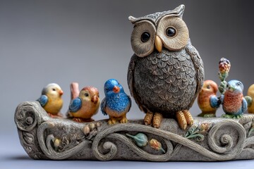 Colorful ceramic owl and birds sculpture on intricate branch display