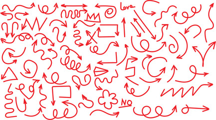 Collection of various hand drawn red arrows pointing in different directions illustrating navigation and direction concepts clearly.