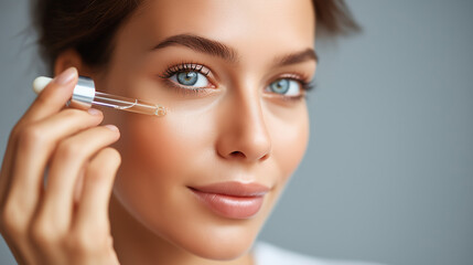 Fototapeta premium Close-up woman applying facial serum with dropper, glowing cheek, skincare beauty routine shot, product application, with copy space