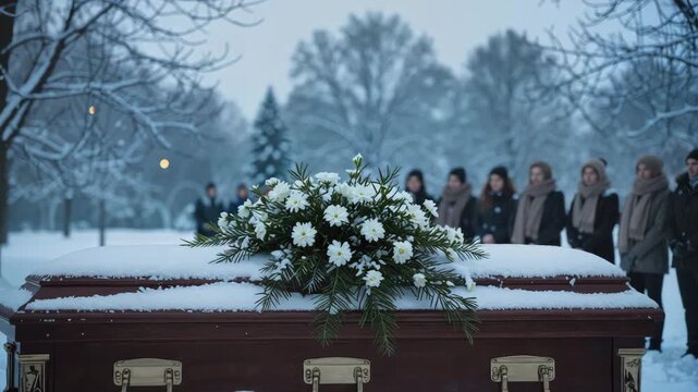 Mourners standing somberly behind a snow-covered coffin with white flowers in a winter graveyard for a funeral and loss concept