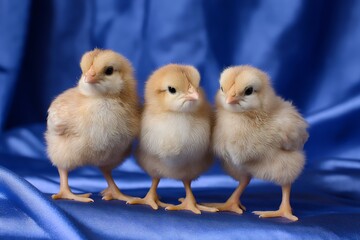 Three adorable chicks standing on blue fabric