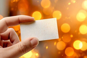 Hand holding blank textured card with bokeh lights background