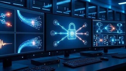 Secure quantum network interface activating in high-tech control room. Multiple screens display holographic connections waves and digital locks. Ai-managed cloud data protection and internet of - Powered by Adobe