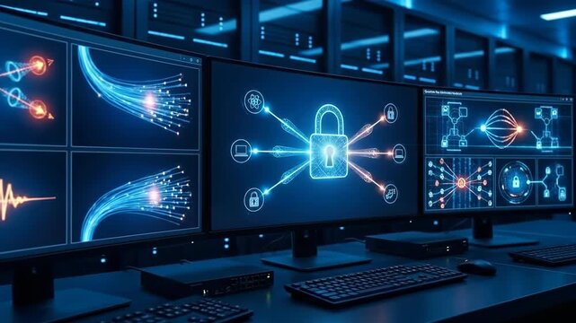 Secure quantum network interface activating in high-tech control room. Multiple screens display holographic connections waves and digital locks. Ai-managed cloud data protection and internet of