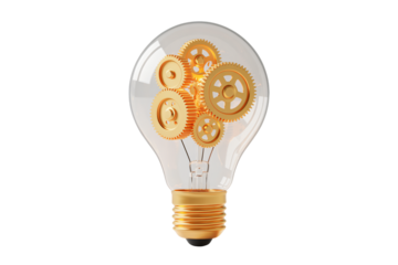 Light Bulb with Gears in Transparent Glass with Warm Orange Lighting for Creative Business Ideas