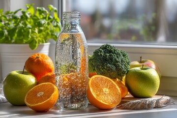 Fresh citrus and greens still life on sunlit kitchen counter