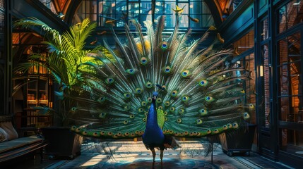 Majestic peacock spreads vibrant tail feathers in elegant indoor setting