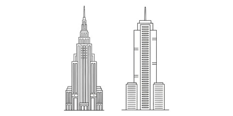 Fototapeta premium skyscraper line icon set featuring tall modern office towers, minimal black outline high-rise building illustrations for business, corporate architecture and urban skyline concepts